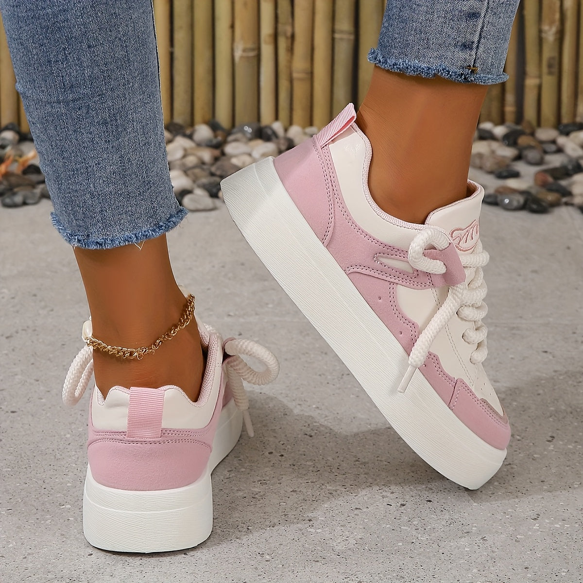 Zapatillas transpirables de malla para mujer blancas y rosas, calzado casual de caña baja