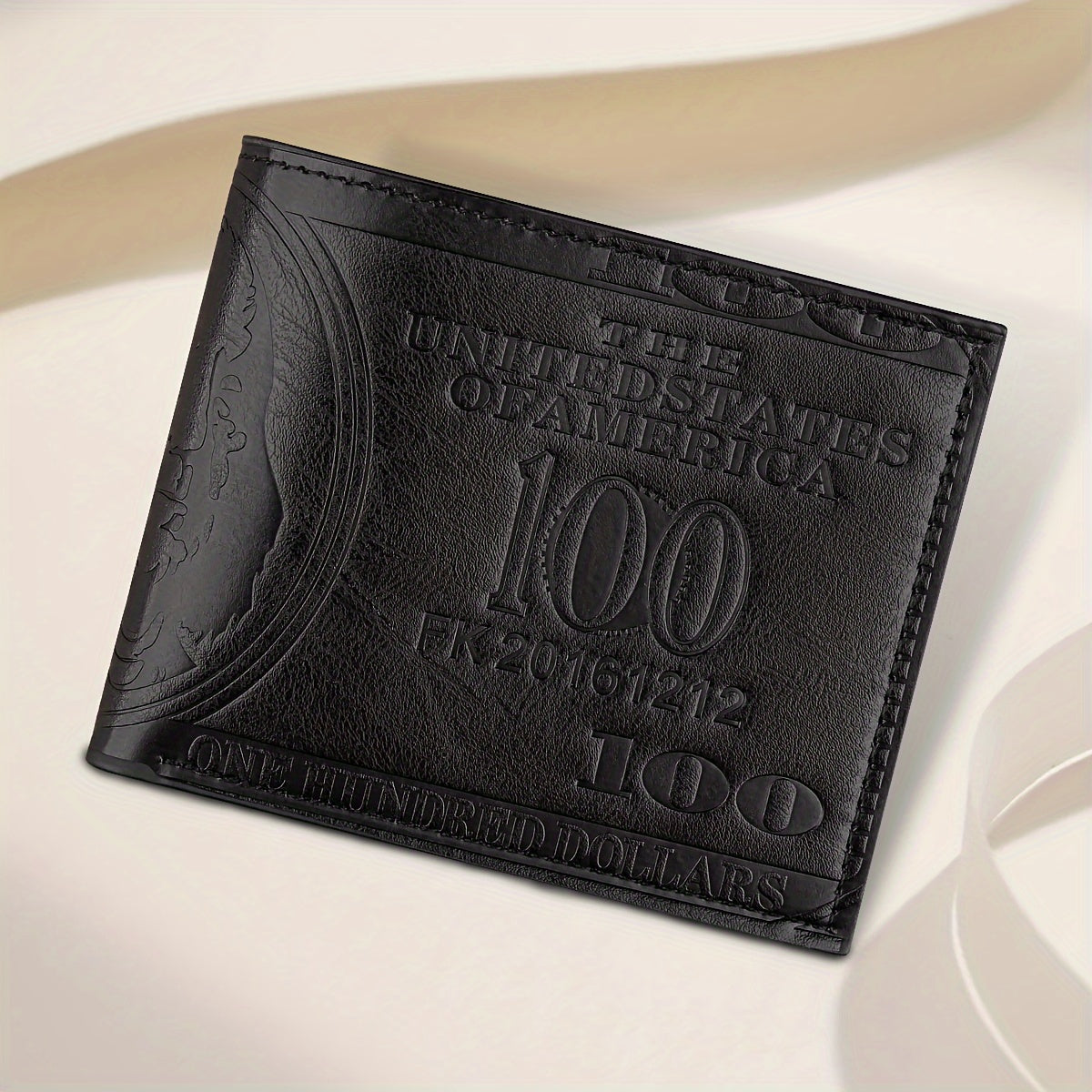 Vintage Faux Leather Wallet with $100 Bill Design, Multi-Card Slots, Black Short Double-Fold