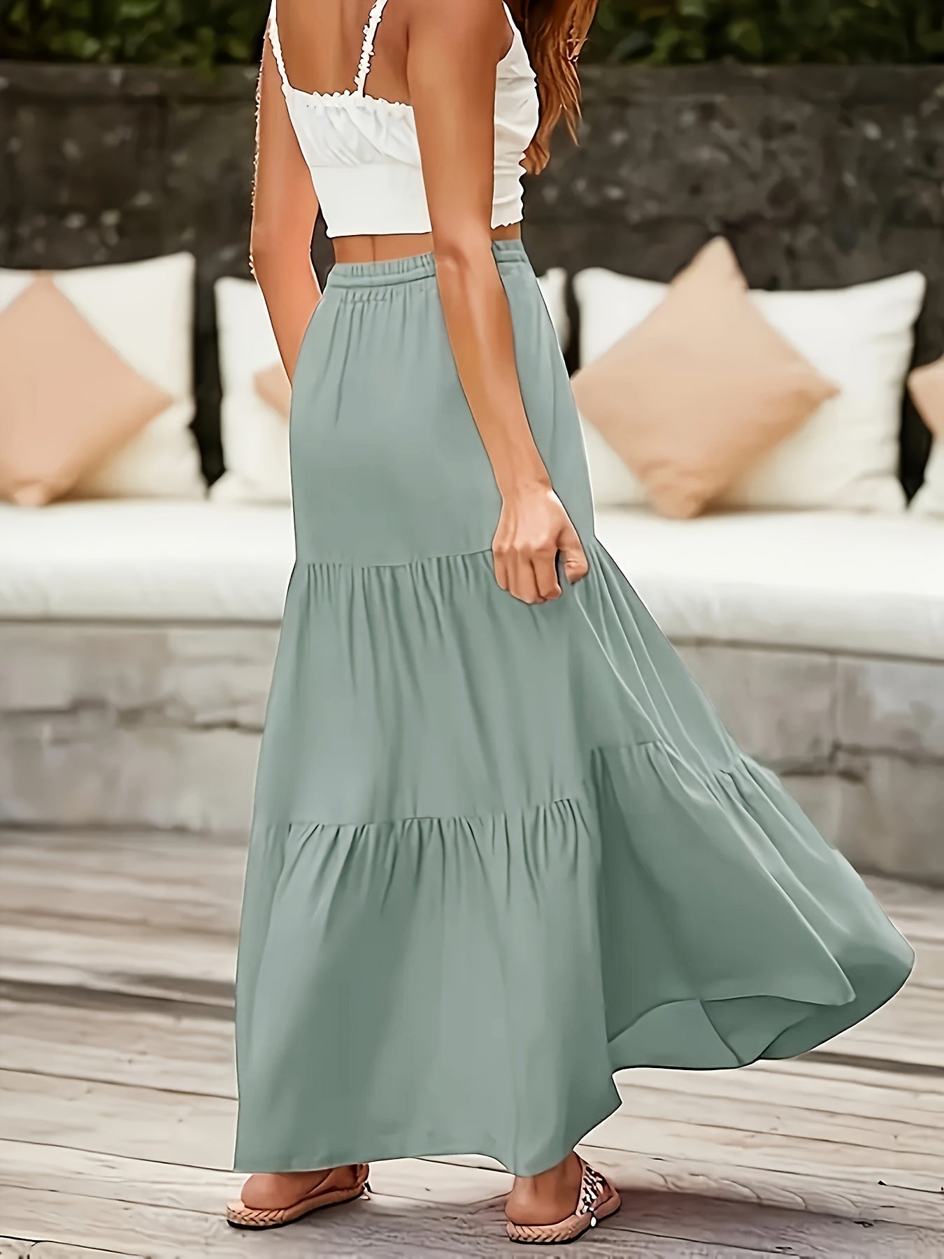 Women's Pleated High-Waisted Pocket A-Line Long Skirt Summer Beach Midi