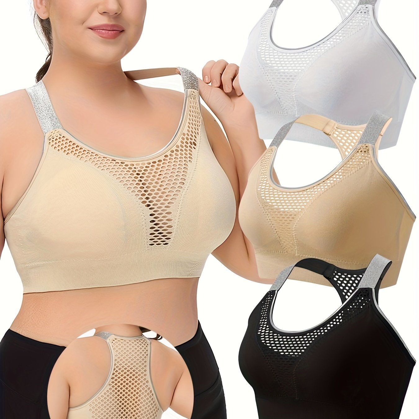 Women's Breathable Seamless Hollow Grid Sports Bra Adjustable Plus Size