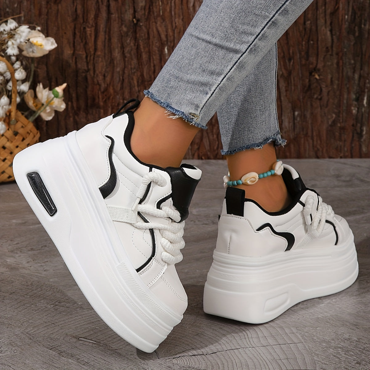 Women's Trendy Platform Sneakers Lace Up Wedge Skate Shoes Air Cushion