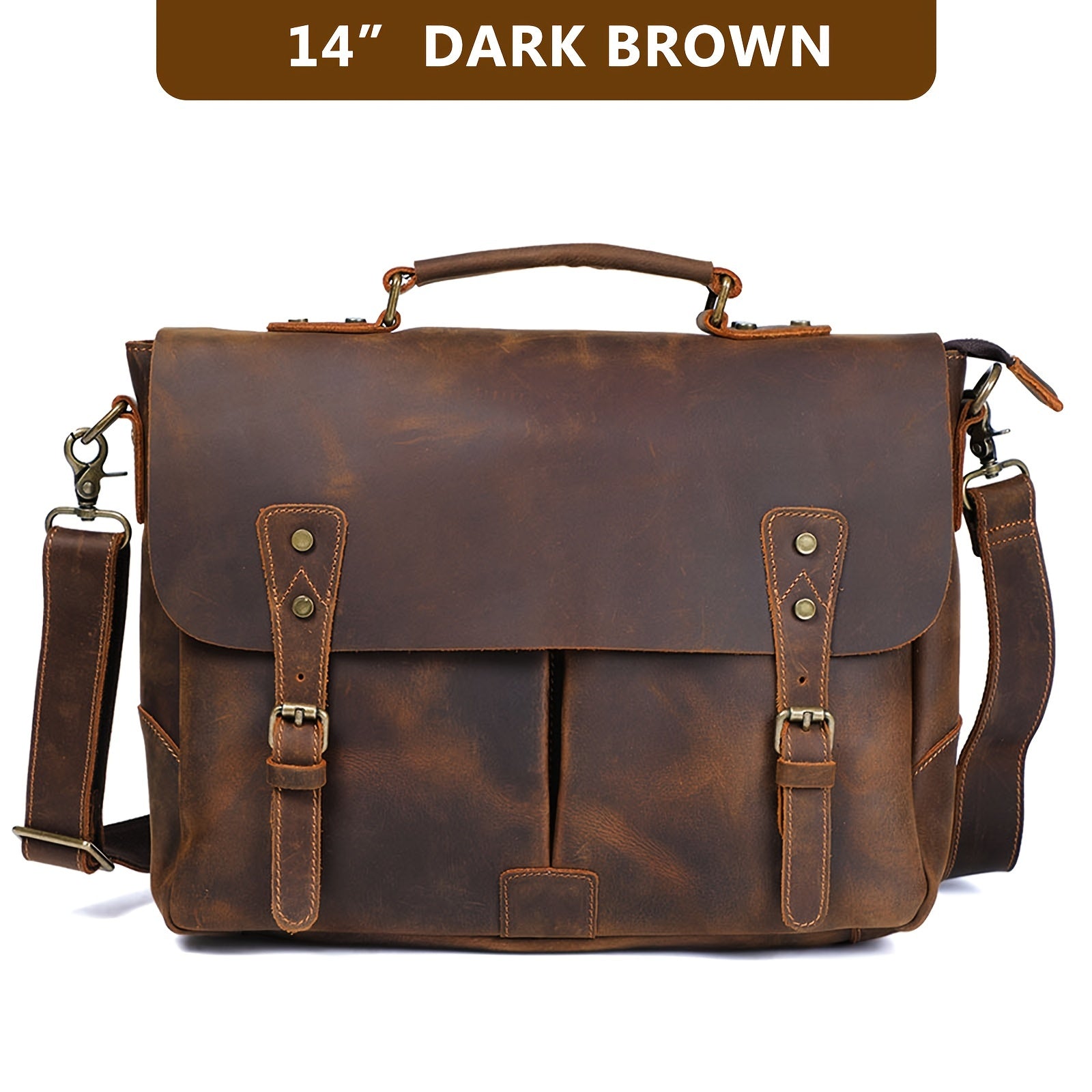 Men's Cowhide Leather Briefcase Laptop Messenger Bag Casual Style Zipper Closure