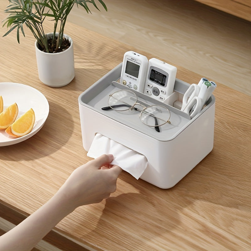 Qog'ozlar, to'qimalar va masofadan boshqarish pultlarini tartibga solish uchun ko'p funksiyali xususiyatlarga ega stol usti saqlash qutisi.