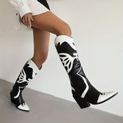 Women's Printed Chunky Heel Western Boots Pointed Toe Retro