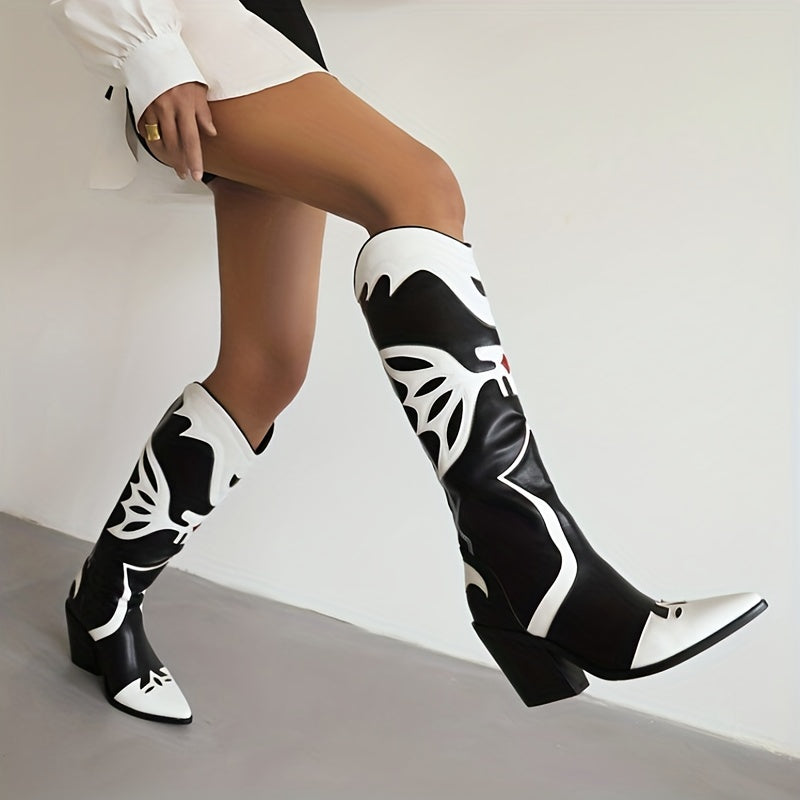 Women's Printed Chunky Heel Western Boots Pointed Toe Retro