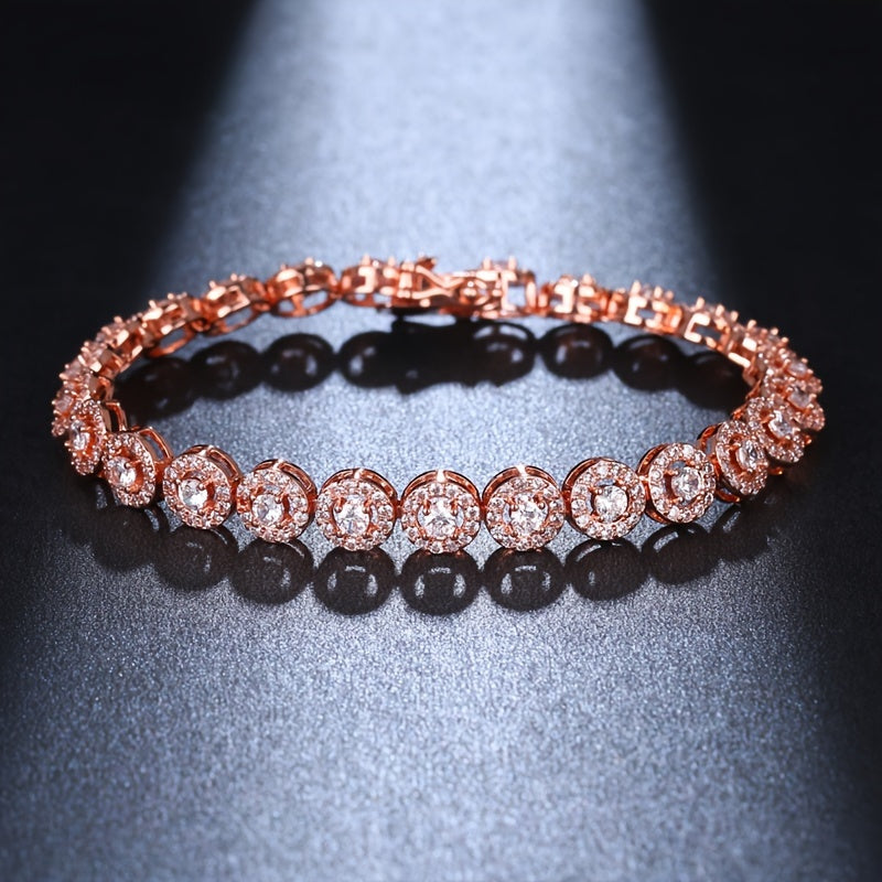 Silver Plated Zirconia Tennis Bracelet with Sparkling Stones and Copper Hand Chain