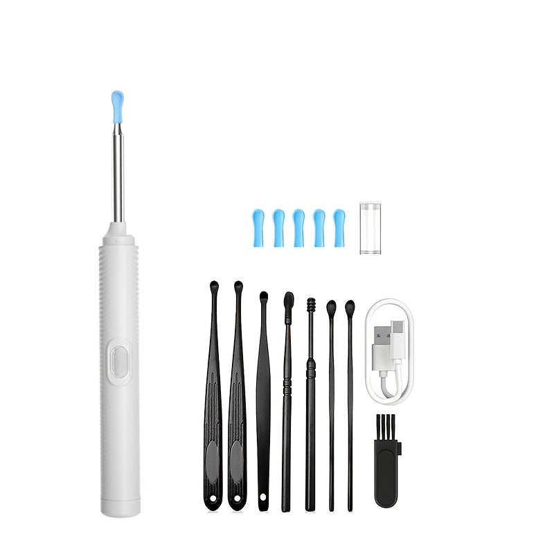 USB orqali zaryadlanadigan LED quloq mumini olib tashlash to'plami, litiy polimer batareyasi, vizual quloq tozalash vositasi, uyda foydalanish uchun bir nechta ucliklar va cho'tkalar.