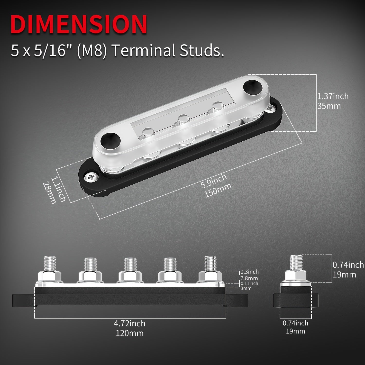 Terminal de batería de 12V, bloque de distribución de energía con tapa 5x5/16