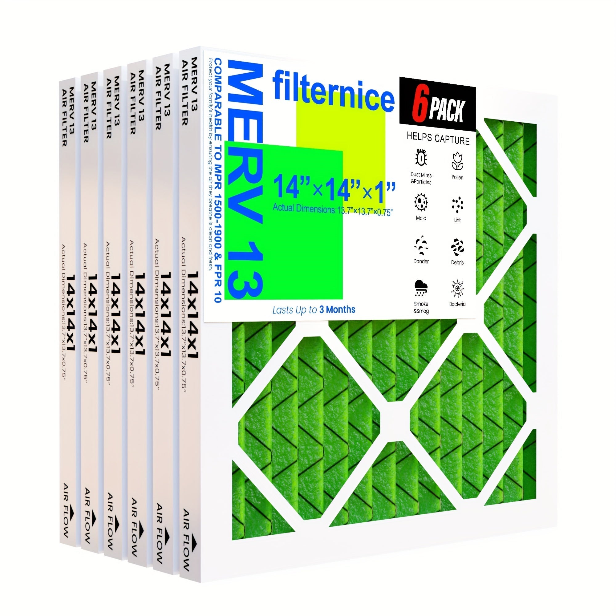 6-Pack 14x14x1 MERV13 Air Filters Electrostatic Pleated HVAC AC Furnace