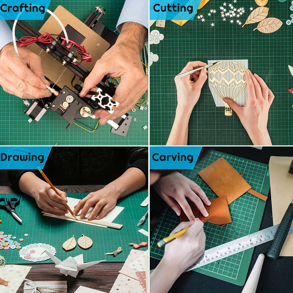 Aniq tikuv va scrapbooking uchun mo'ljallangan, mustahkam PP materialdan yasalgan aylanuvchi kesish matosi, hunarmandlar va DIY ishqibozlari uchun ideal, yuzalarni himoya qiladi va aniq kesishlarni ta'minlaydi.