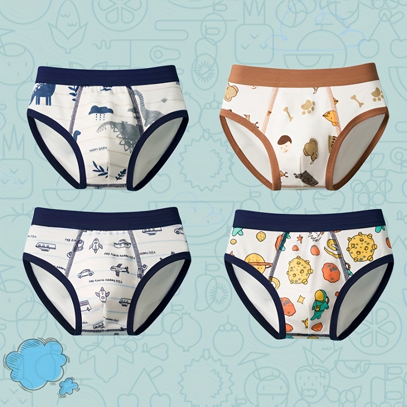 Set of 4 Boys' Cartoon Astronaut Breathable Cotton Boxer Briefs for Kids