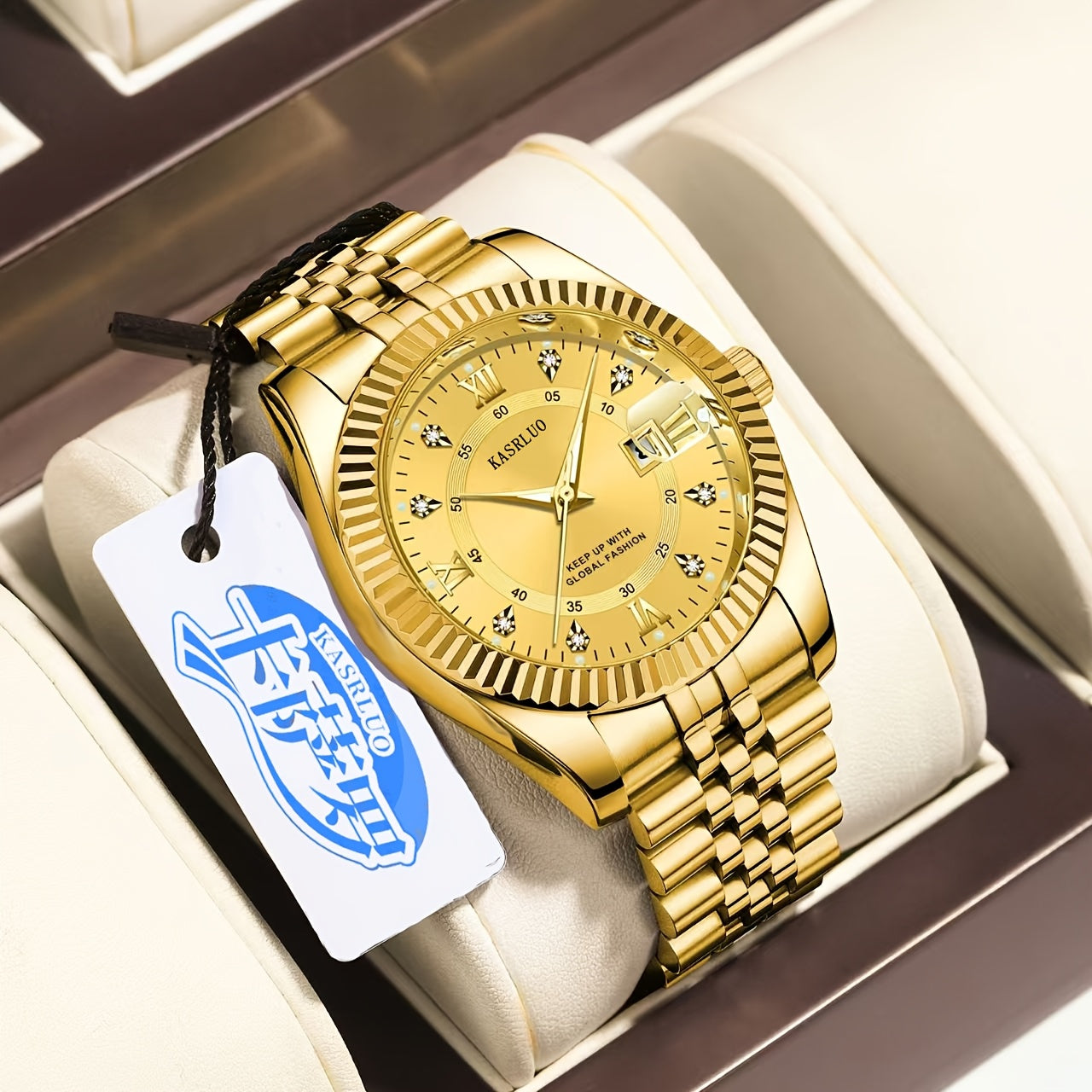 Men's Quartz Watch with Luminous Date Display Gold-Tone Stainless Steel Band Rhinestone Detailing Business Style