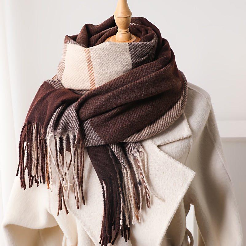 Qishki shalv ayollar uchun faux kaşmirli plaid, tasselled, vintage uslub