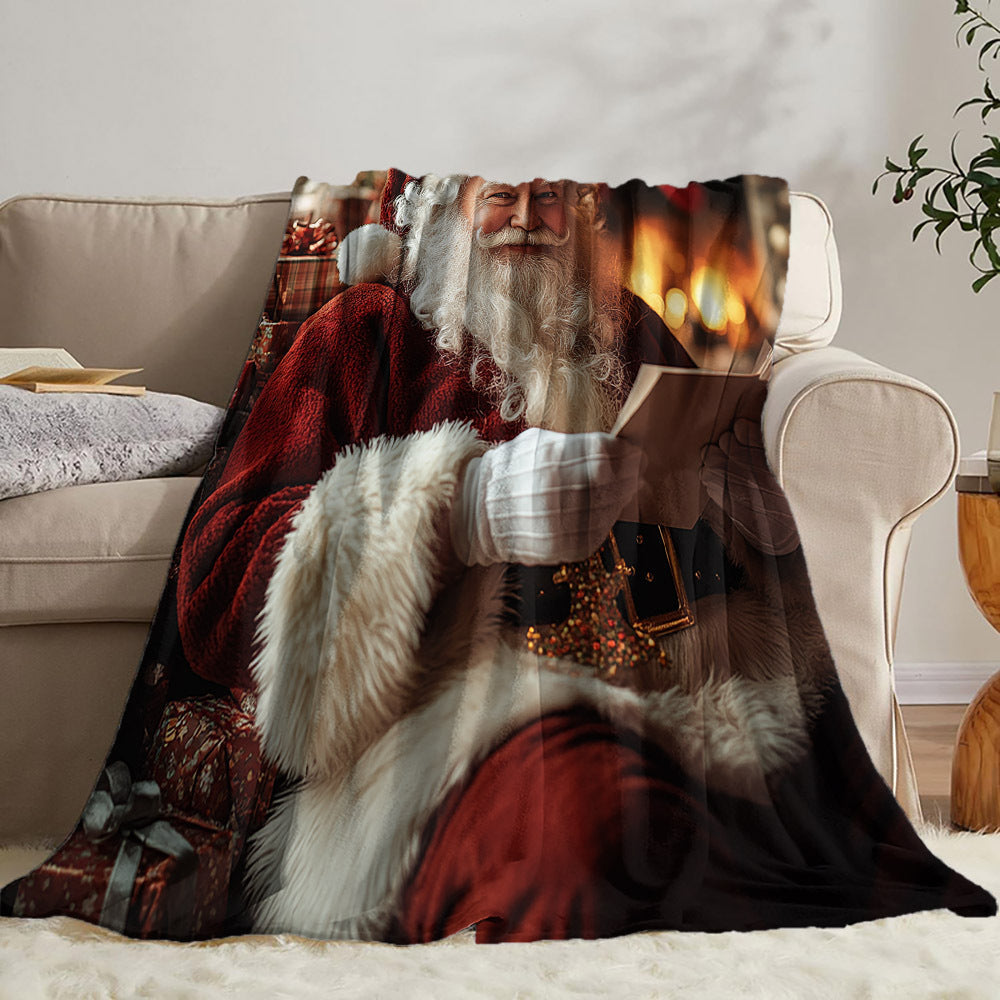 Flannel Fleece Throw Blanket with Digital Santa Print Hypoallergenic Quilted All-Season Christmas Gift