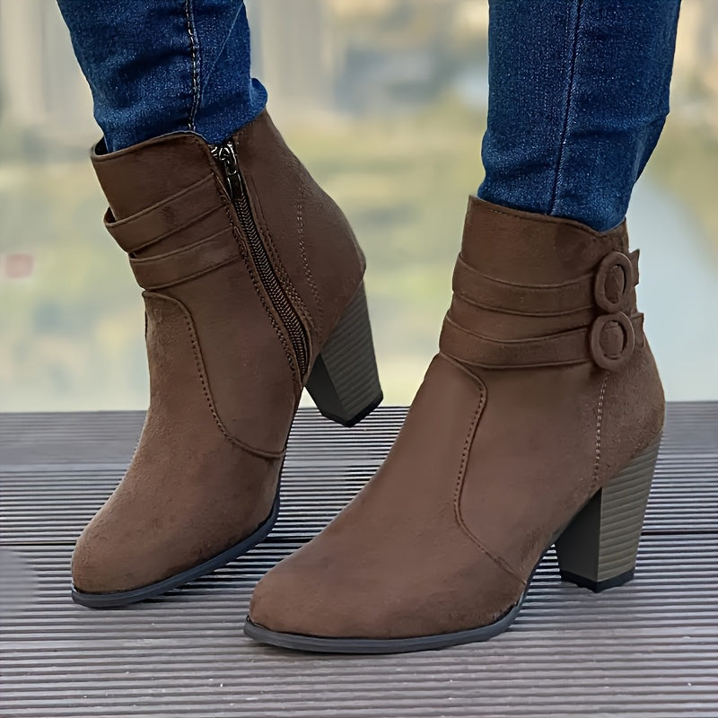 Women Red Ankle Boots with Chunky Heel Zipper Pointed Toe