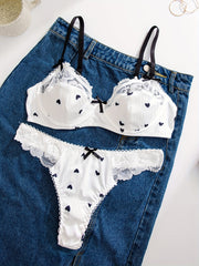 Women's Heart Print Lace Trim Lingerie Set Polyester Blend Hand Wash Casual Elegant