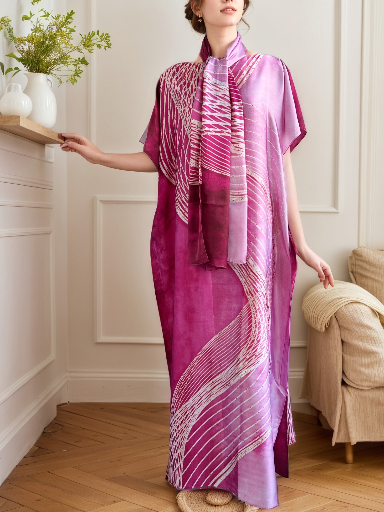 Plus Size Women's Pink Gold Abstract Print Batwing Sleeve Dress with Scarf