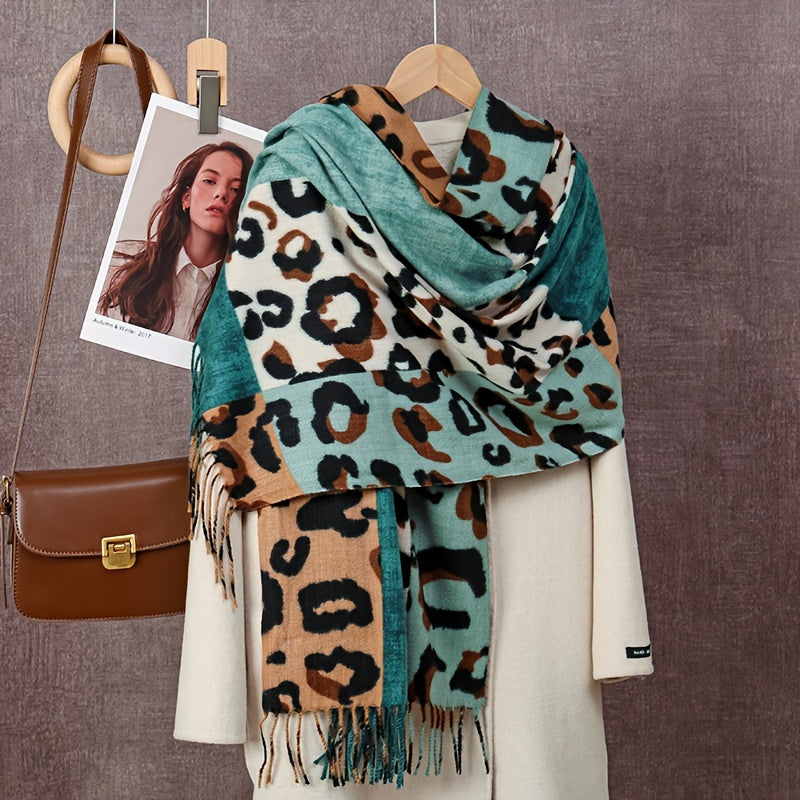 Faux Fleece Leopard Print Scarf with Tassels Warm Cozy Fashion Accessory
