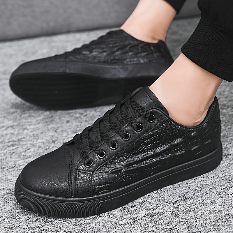 Men's Black Crocodile Pattern Casual Sneakers with Soft Sole and Lace-Up