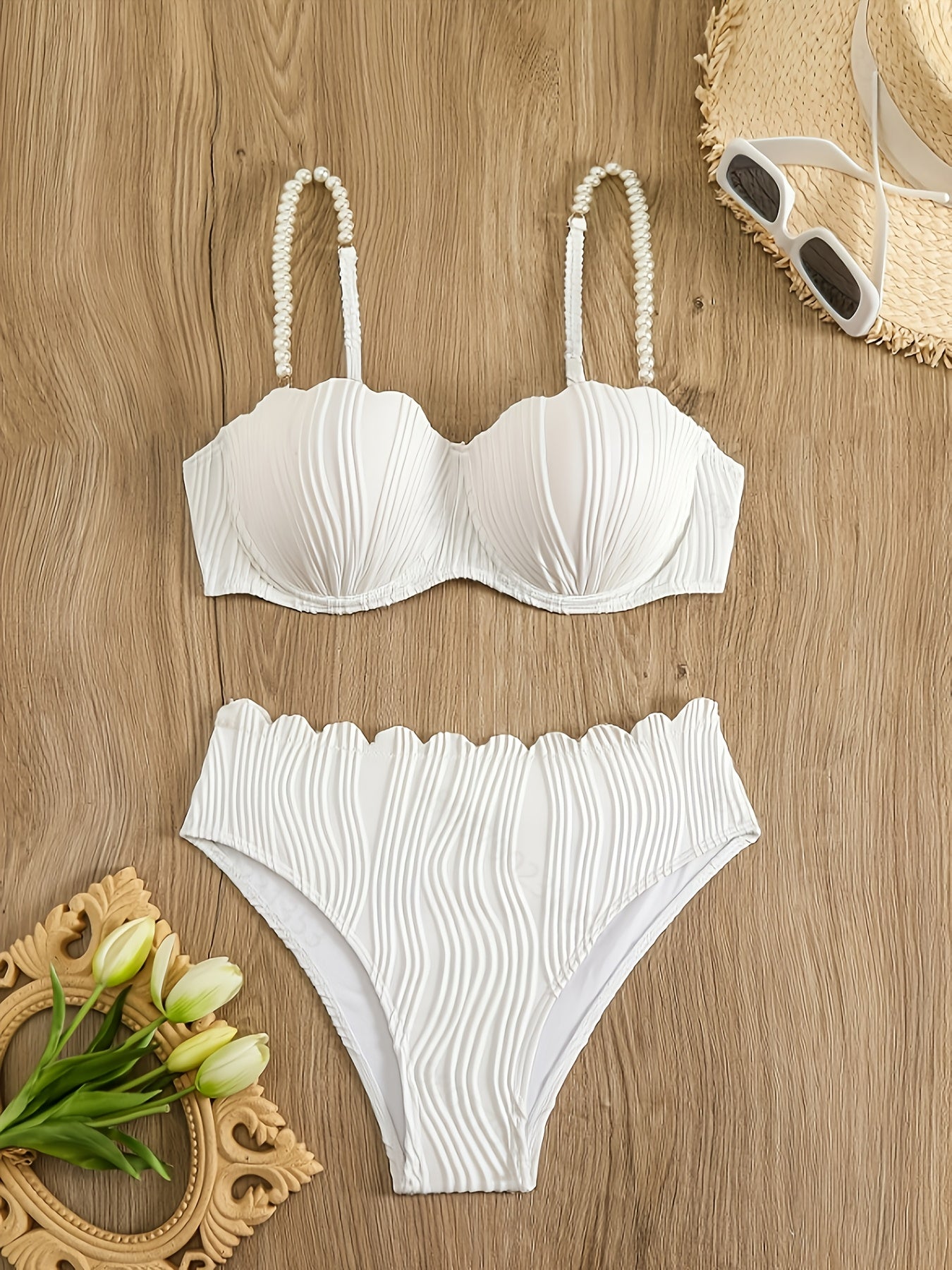 High Stretch Polyester Bikini Set with Pearl Accents Sleeveless Knit Fabric Solid Color