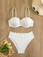 Conjunto de bikini de poliéster de alta elasticidad con detalles de perlas, sin mangas, tejido de punto, color sólido