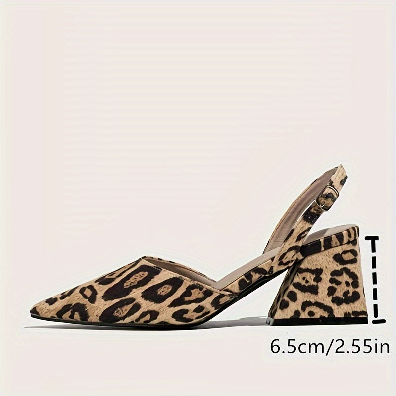 Women's Brown Leopard Print Block Heel Sandals with Pointed Toe and Mid Heel