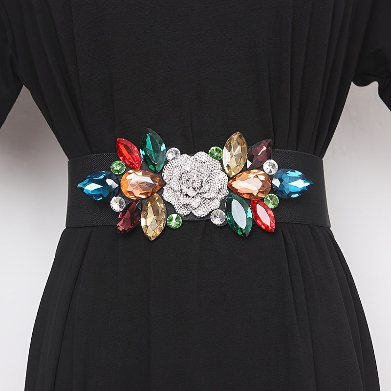 Wide Elastic Belt with Flowers and Beads for Women's Dresses and Decoration