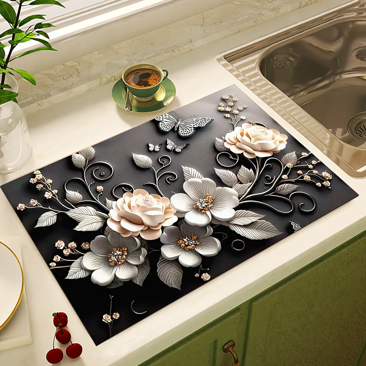 3D Floral Pattern Absorbent Silicone Mat for Kitchen Countertop Dish Drying Pad
