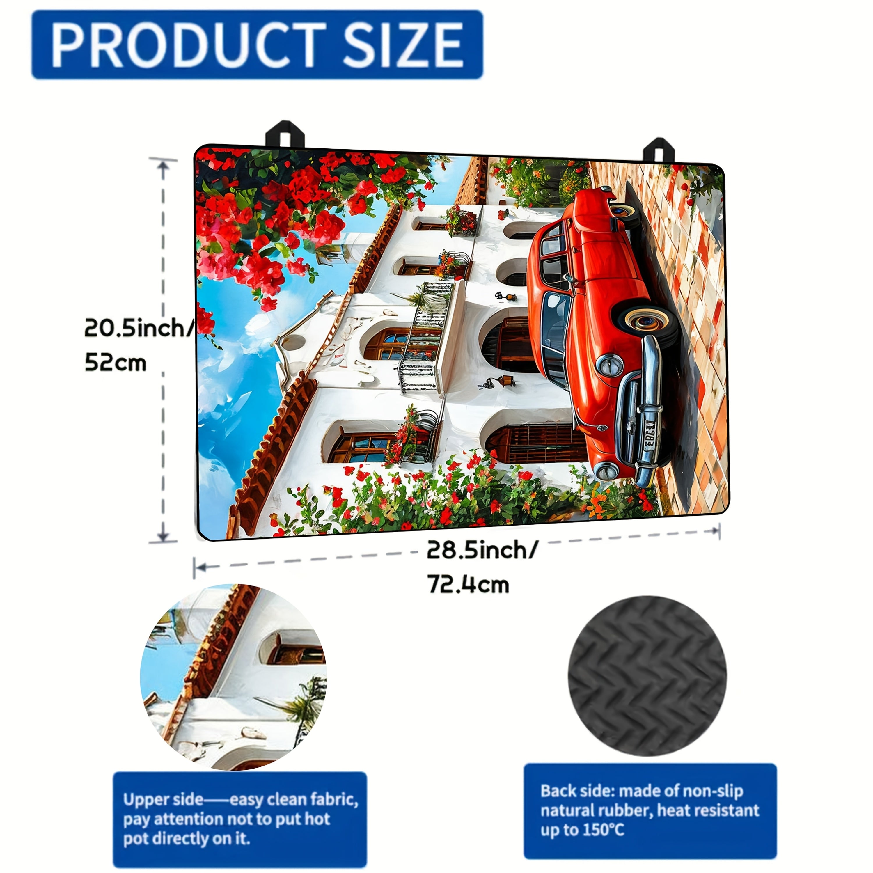 Vintage Red Car and European Scenery Kitchen Mat 72cm x 52cm Heat-Resistant Rubber Protector