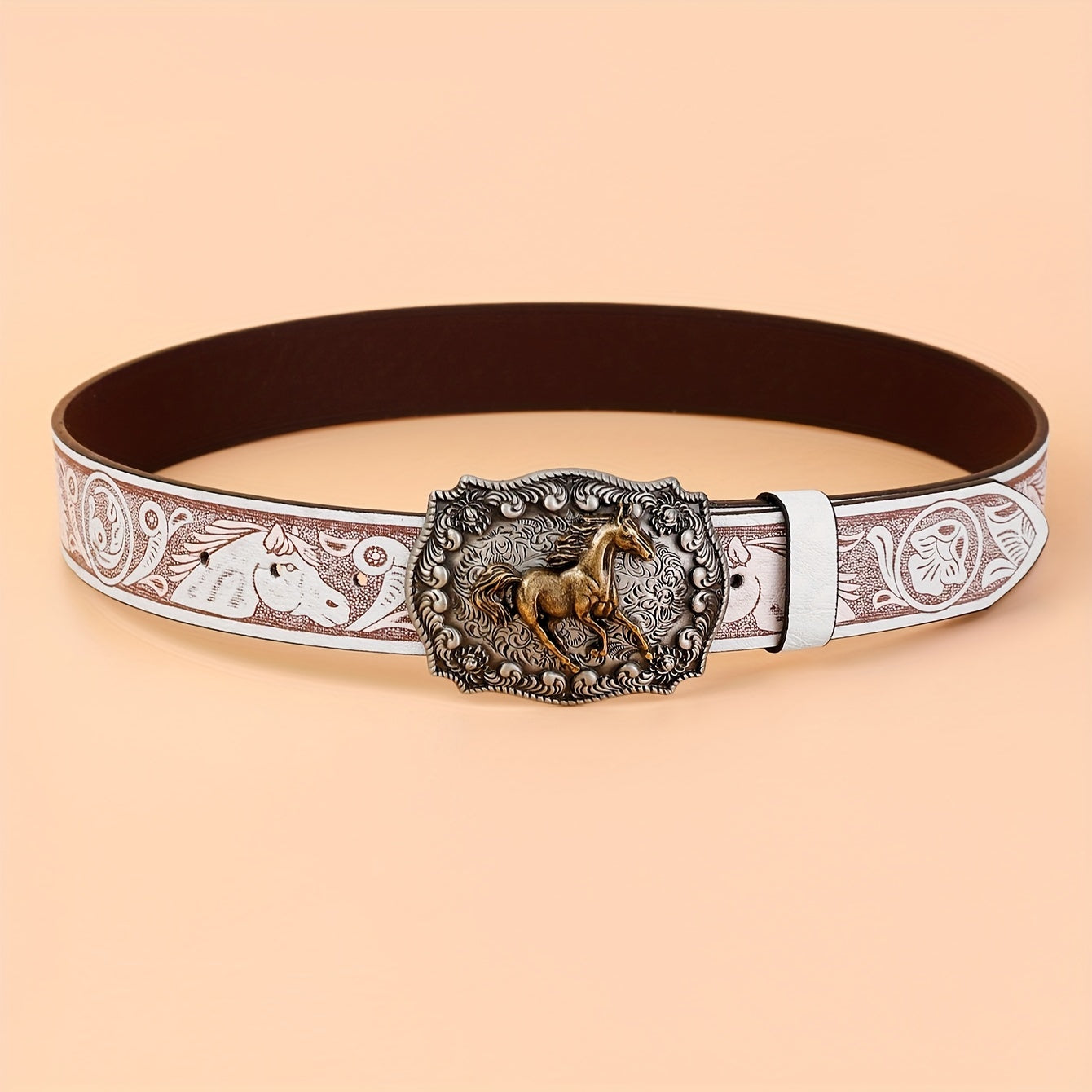 Western-Style Leather Belts for Men and Women Carved Buckle Embossed Solid Colors