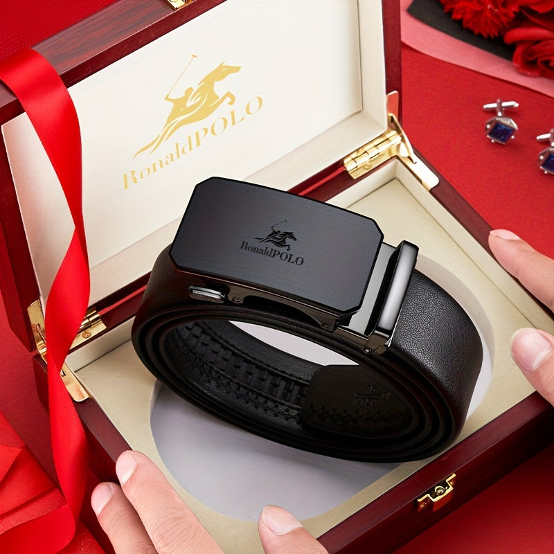 Men's Black Leather Belt with Automatic Buckle for Formal Business Wear