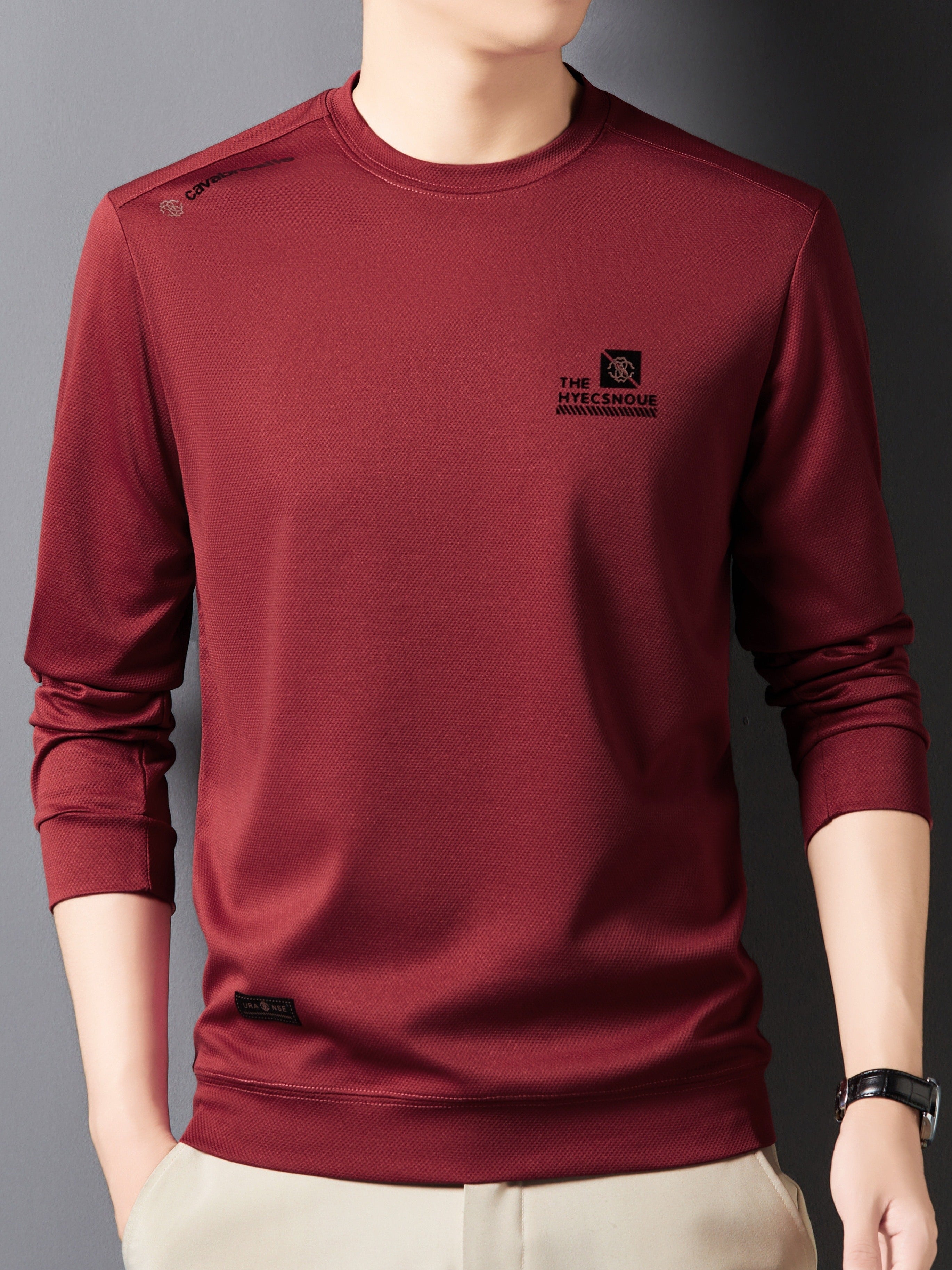 Men's Long Sleeve Crew Neck Sweatshirt with Chest Emblem Polyester Casual Autumn