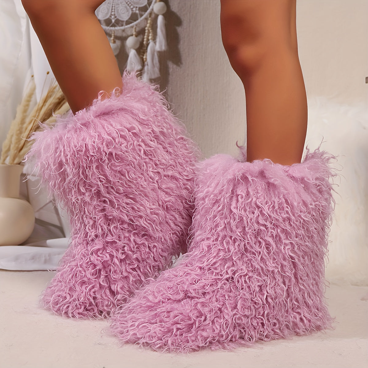 Women's Faux Fur Winter Boots Pull-On Soft Sole Non-Slip Snow Shoes