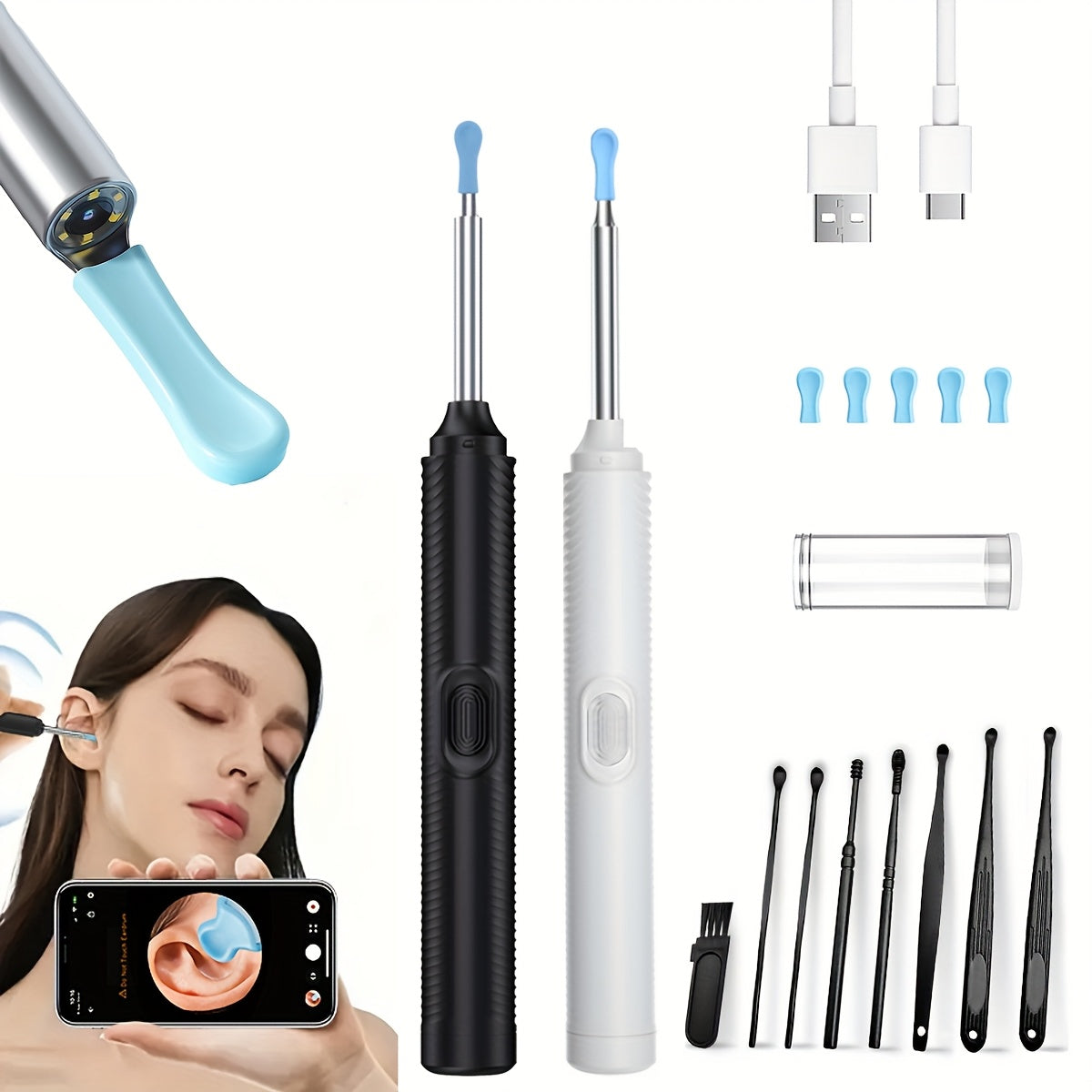 USB Rechargeable LED Earwax Removal Kit with Visual Ear Cleaning Tool and Multiple Tips