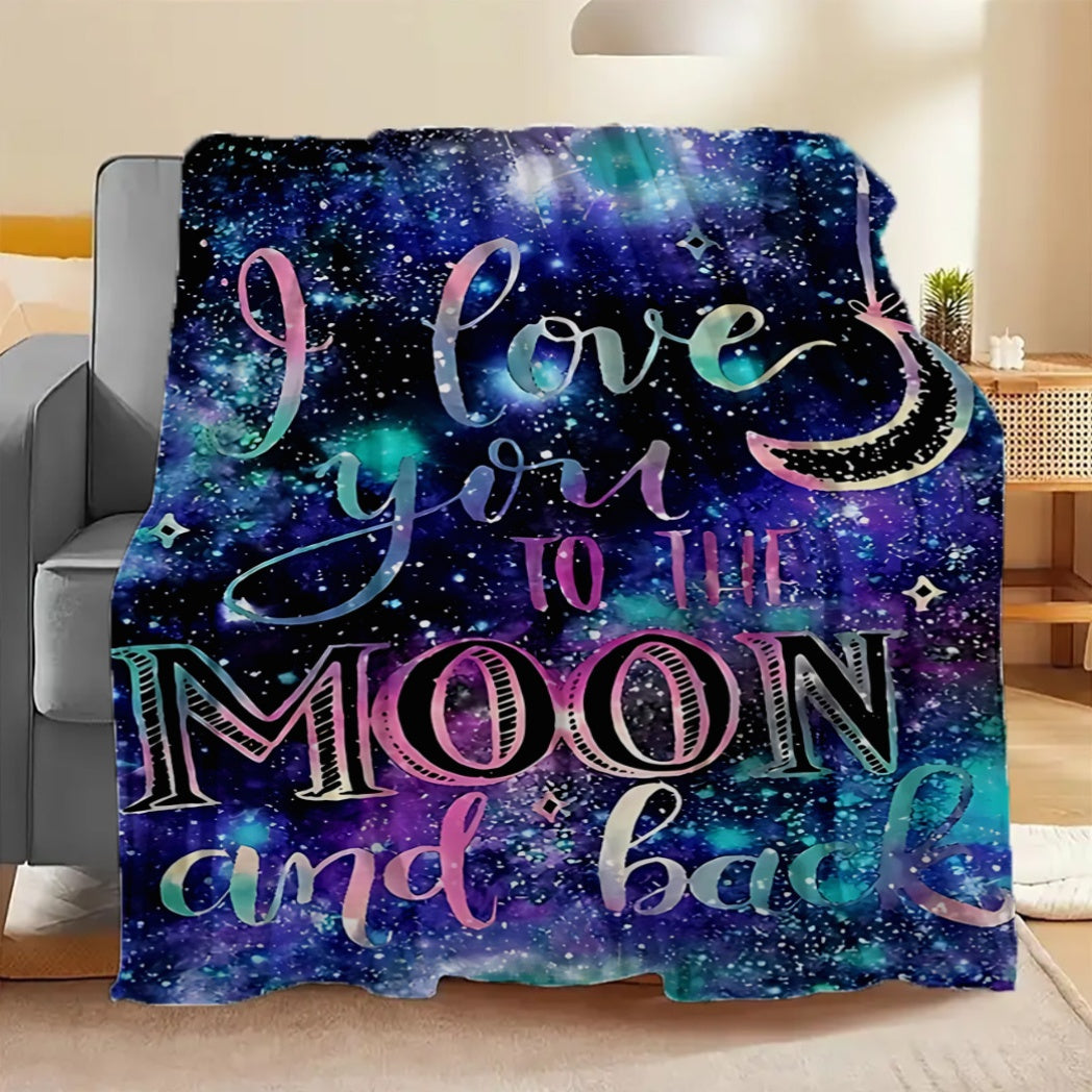 Flannel Blanket with "I Love You to The Moon and Back" Print Soft All-Season Polyester 250-300gsm