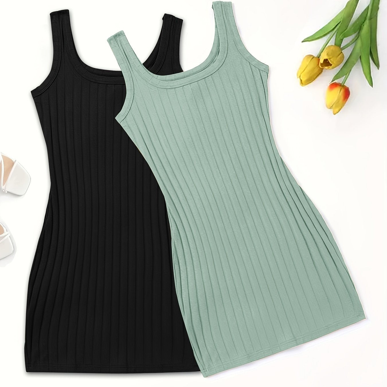 Women's Ribbed Sleep Dresses Two-Pack Black Light Blue Square Neck Stretchy Polyester Nightgowns