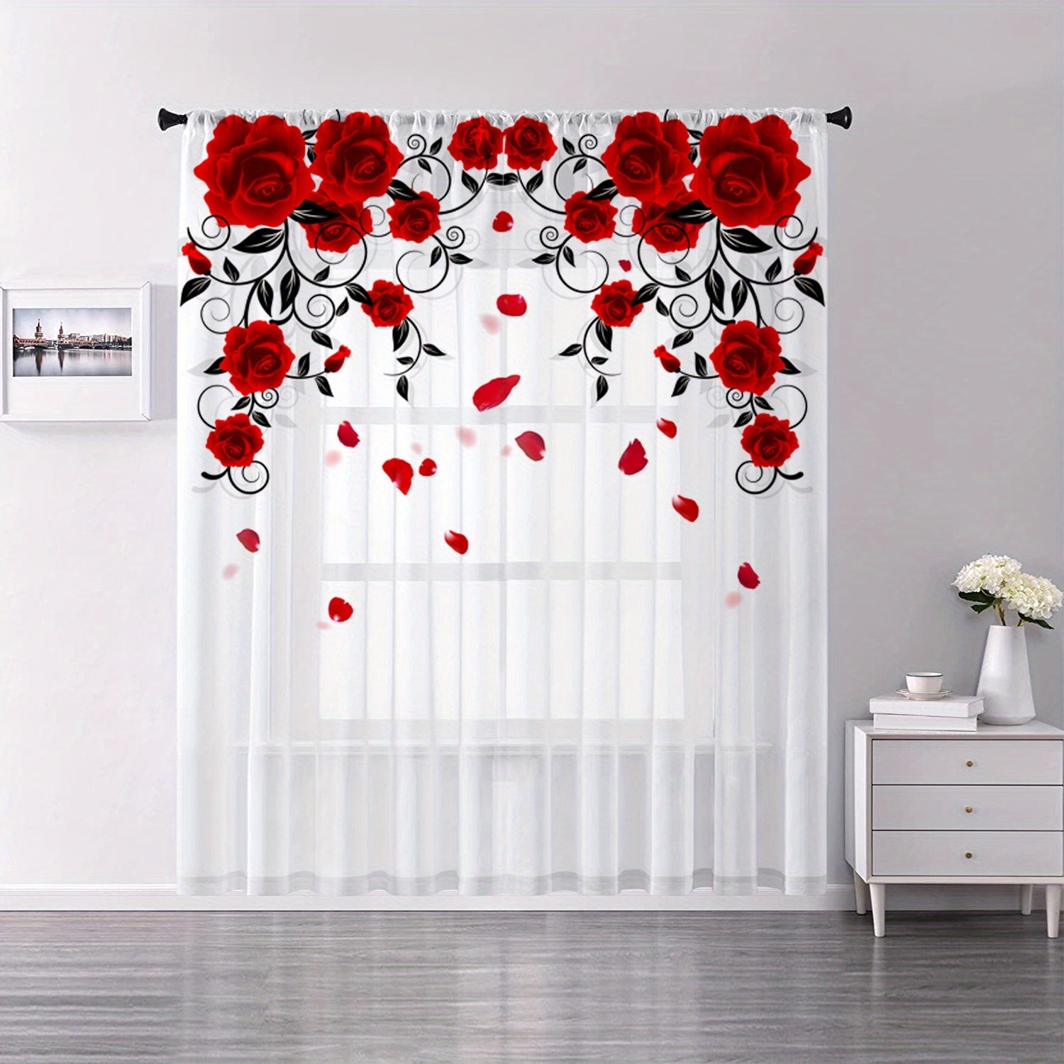 Red Rose Printed Curtain with Rod Pocket for Bedroom Living Room Kitchen Home Decor