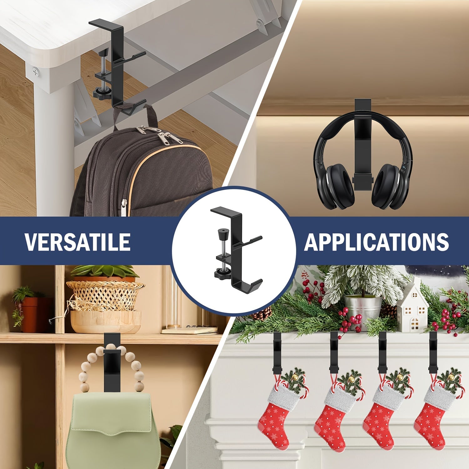 Set of 2 Metal Christmas Stocking Hooks for Fireplace Mantel or Table Edges