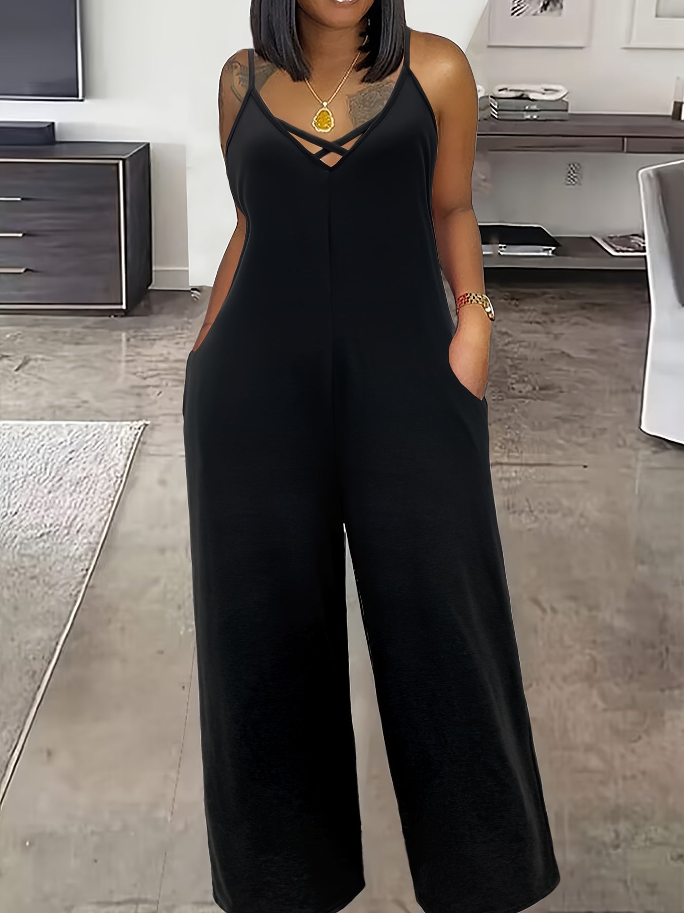 Women's Casual Cross-Design Sleeveless Bodysuit Pants with Pockets