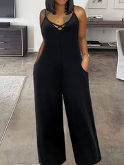 Women's Casual Cross-Design Sleeveless Bodysuit Pants with Pockets