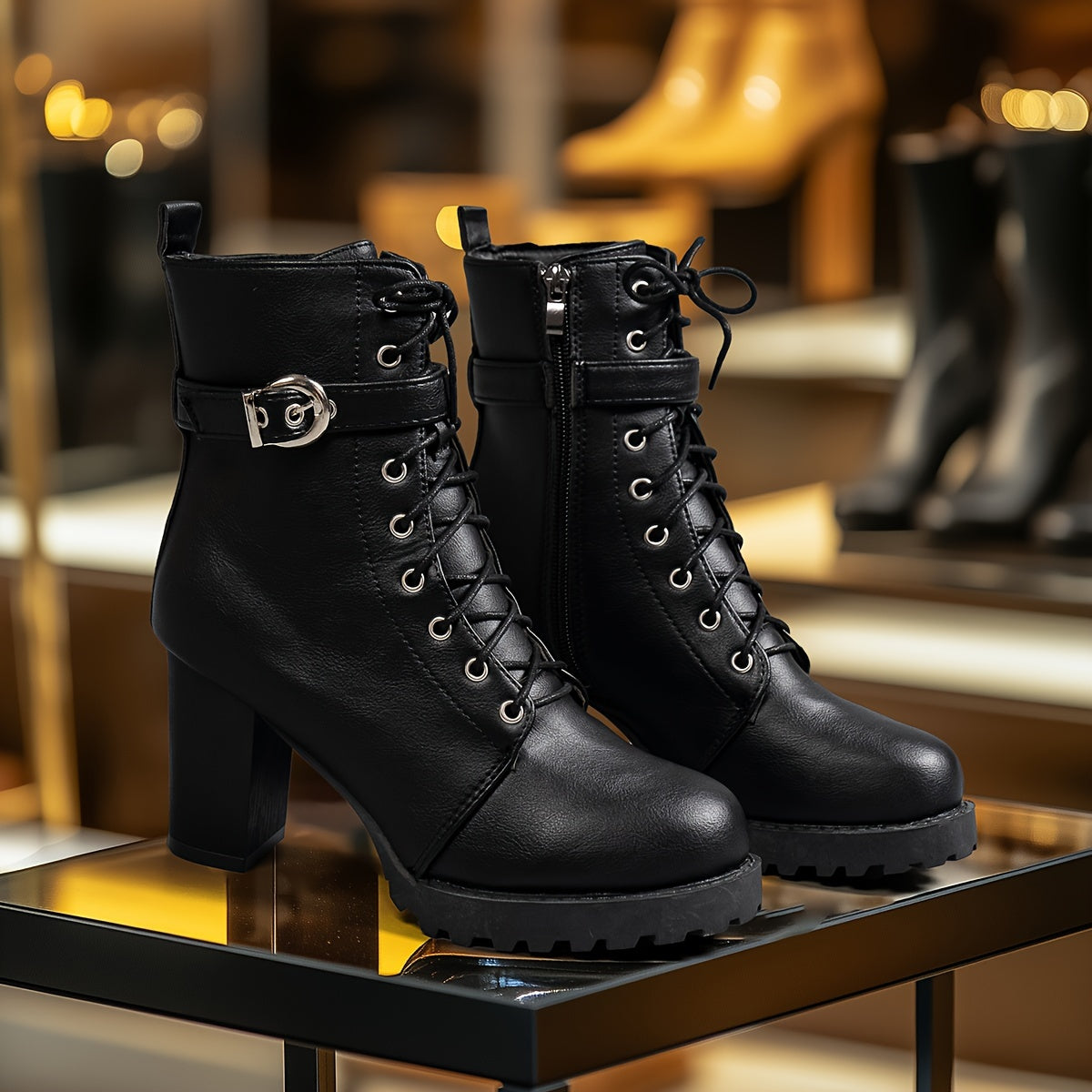 Женские ботинки на платформе с средним каблуком, однотонные, круглым носком, на шнуровке