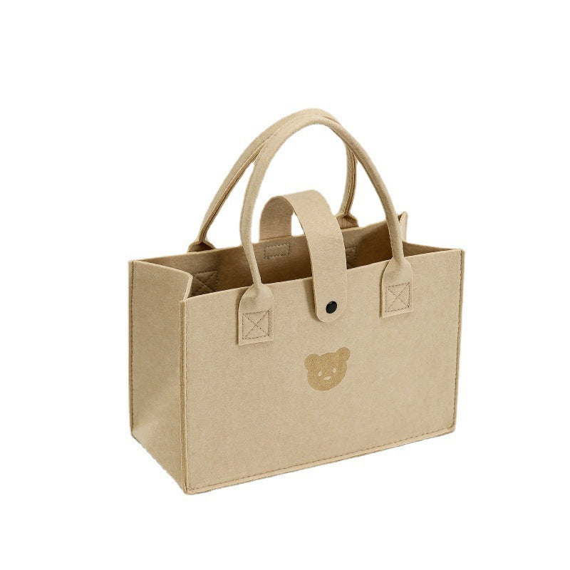 Beige Felt Tote Bag with Bear Design for Girls Spacious Shoulder Handbag for Shopping and Daily Use