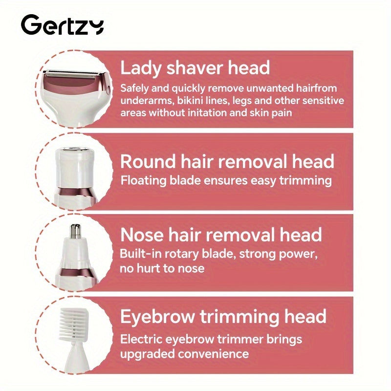 Women Electric Razor 4-in-1 Rechargeable Wet Dry Painless Grooming Face Nose Legs Underarm Bikini