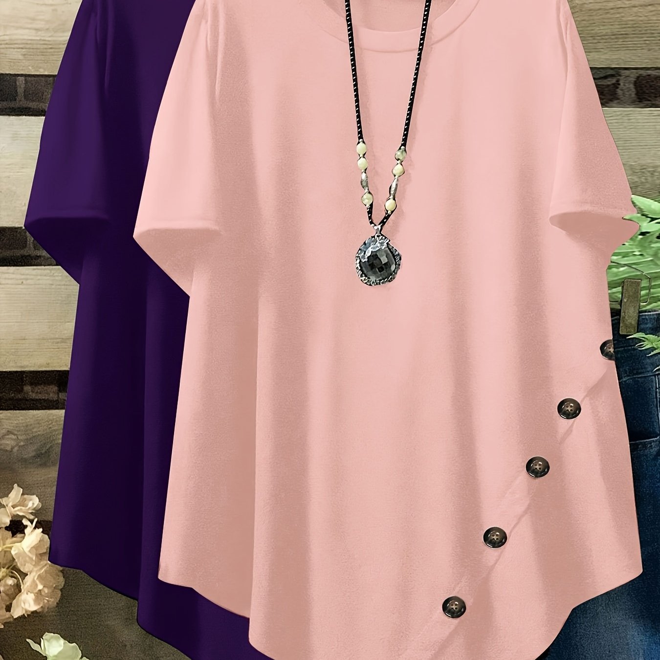 Plus Size Loose Fit Short Sleeve Casual T-Shirts with Button and Asym Hem