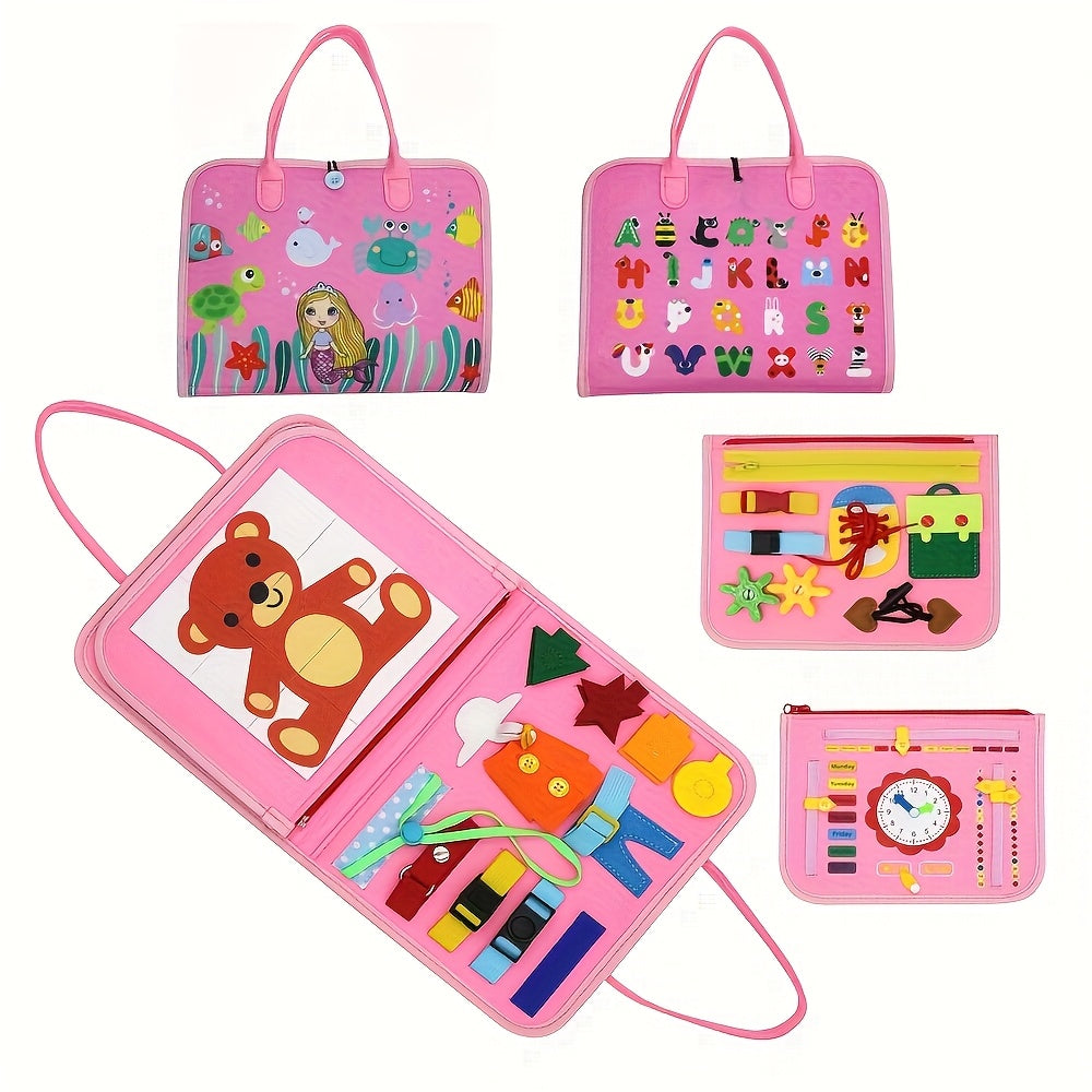 Interactive Felt Busy Board for Kids Educational Toy with Shoe Laces and Accessories Pink Blue