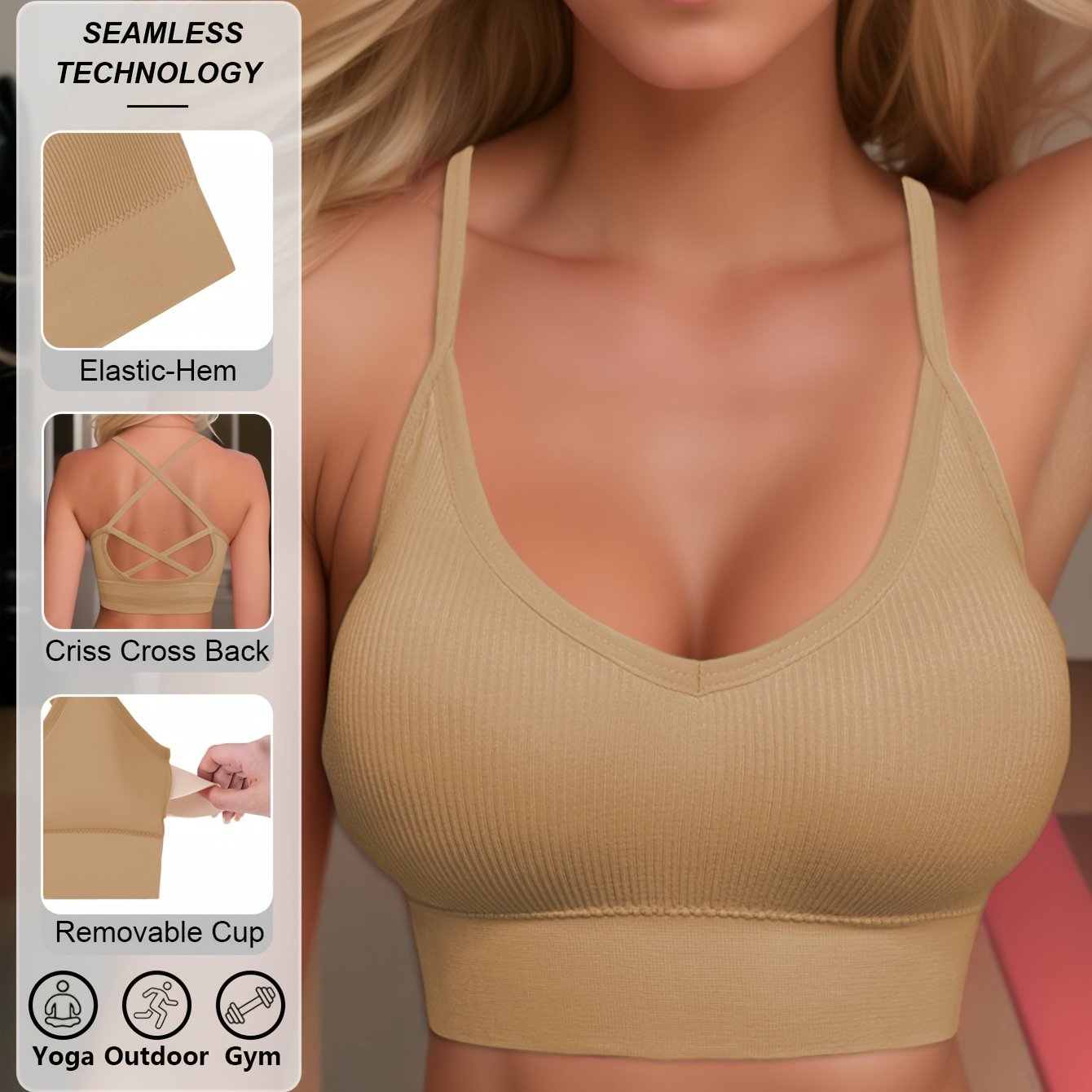 Sujetador deportivo de punto de poliamida para mujer, con alto soporte, sin espalda, relleno removible para yoga y fitness