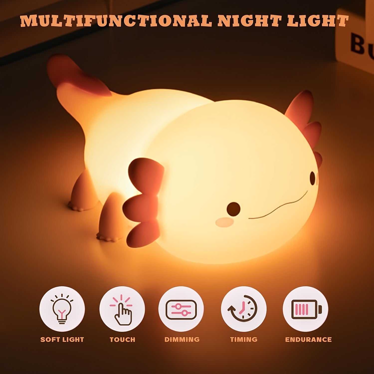 Axolotl Night Light for Kids Touch Control Dimming Timer USB Rechargeable Silicone Lamp for Bedroom