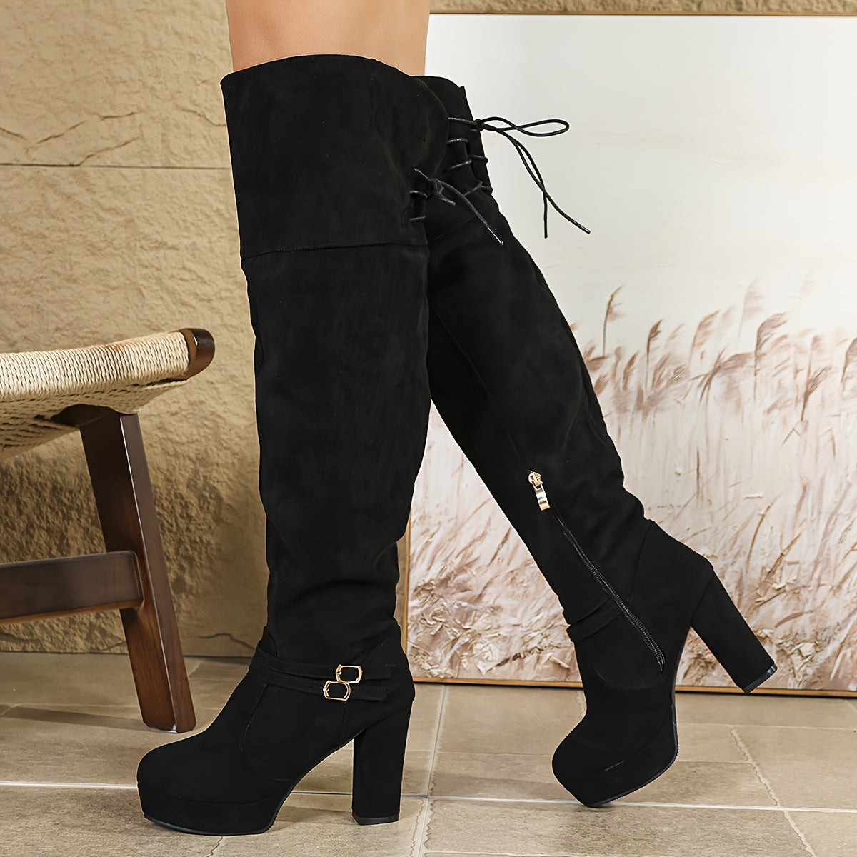 Women's Plus Size Over-the-Knee Boots Faux Leather Beige Zipper Platform