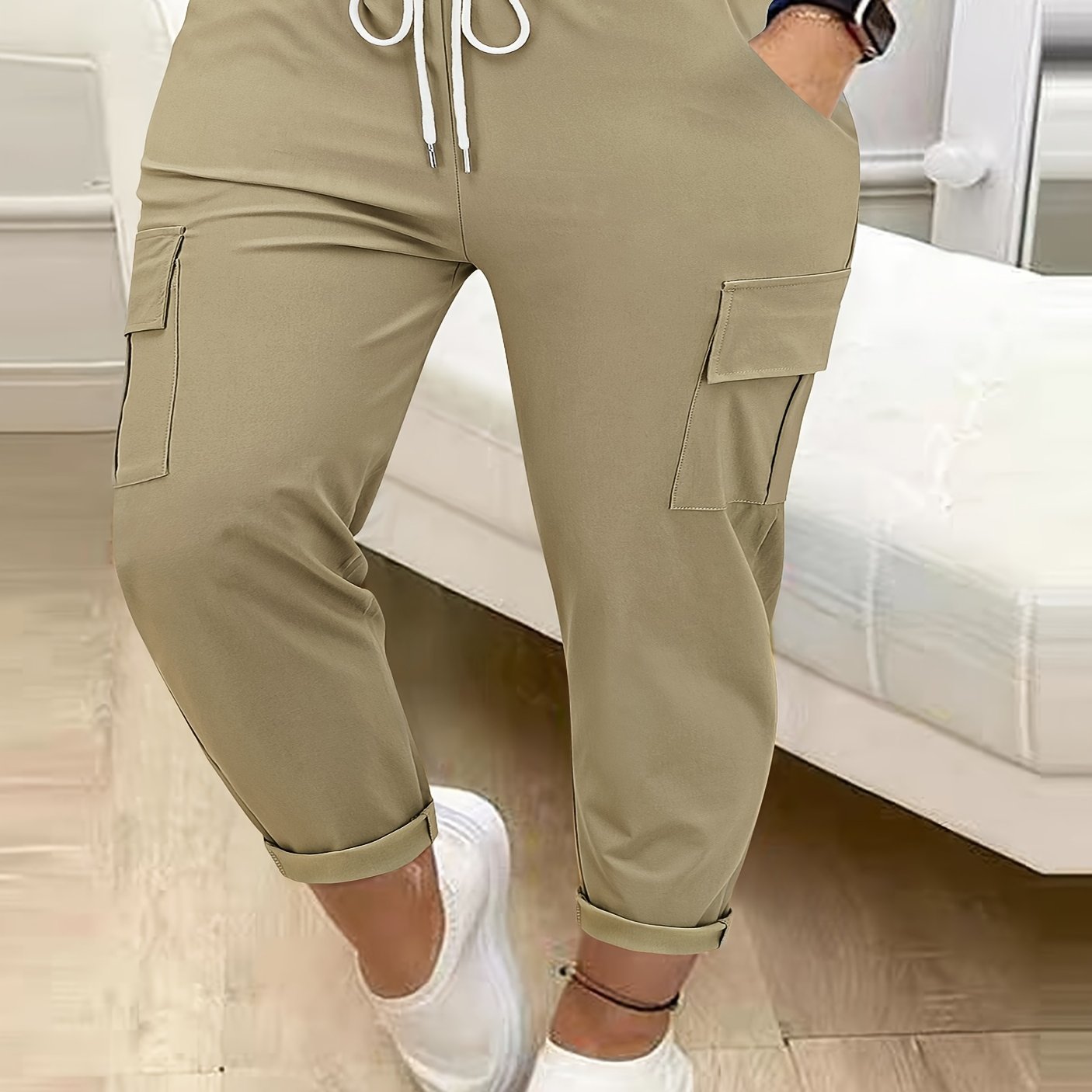 Plus Size Women Cargo Pants Polyester Blend Drawstring Waist All-Season