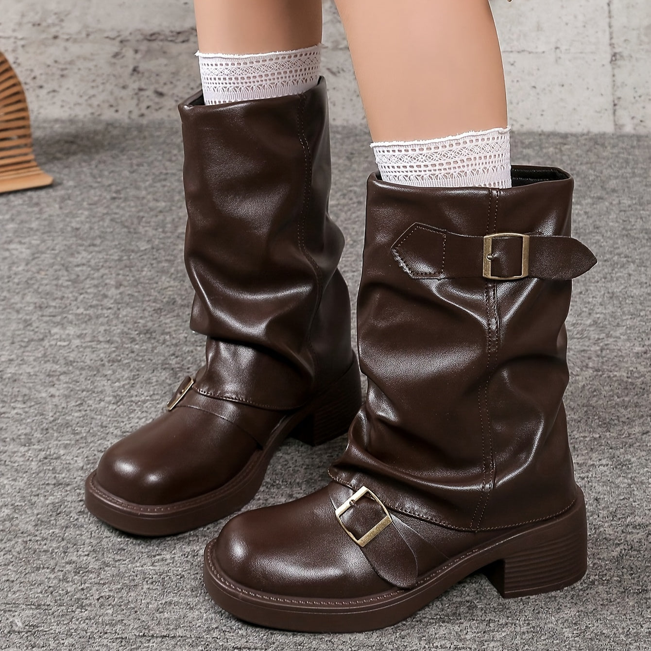 Women's Black Western Style Mid-Calf Lace-Up Boots with Chunky Heels